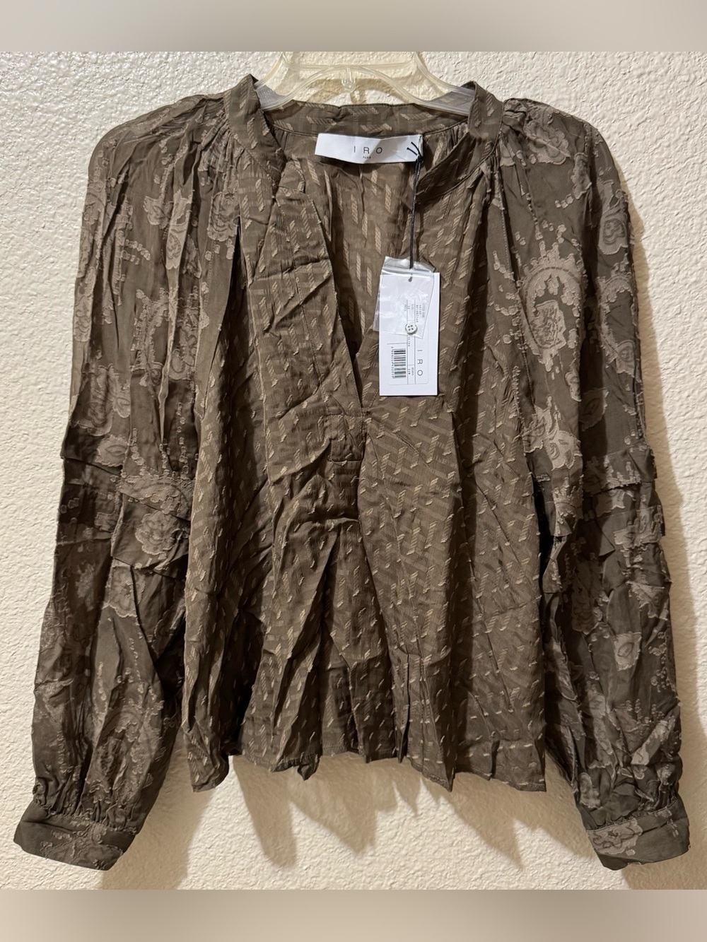 IRO Olive Brown Floral Jacquard Peasant Blouse size 34 (XS, US 2)